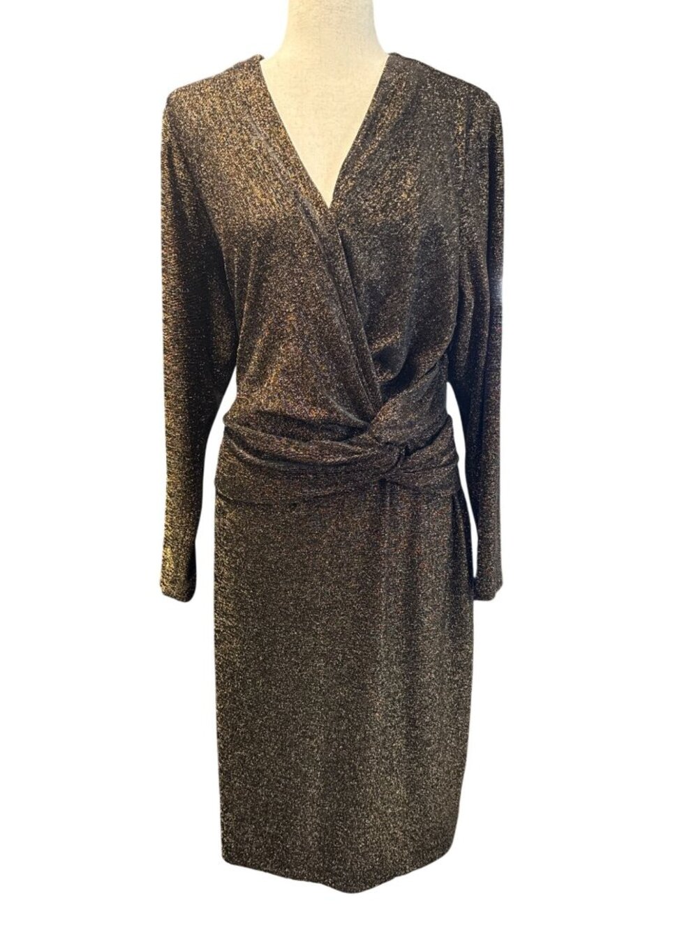 CALVIN KLEIN Metallic Long Sleeve Faux Wrap Sheath Dress~Sz 16W~Black Gold L7 07